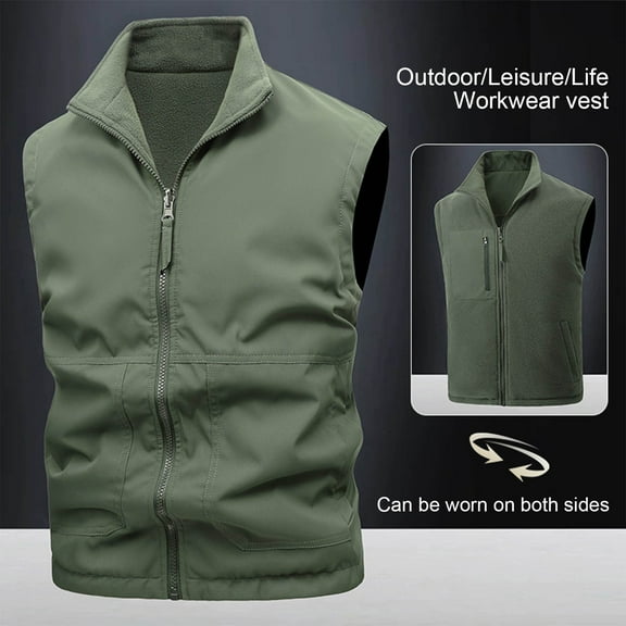 COSFO Solid Work Vest for Men Zip Up Fleece Lightweight Jacket Sleeveless Reversible Casual Work Loose Mens Outerwear Vests