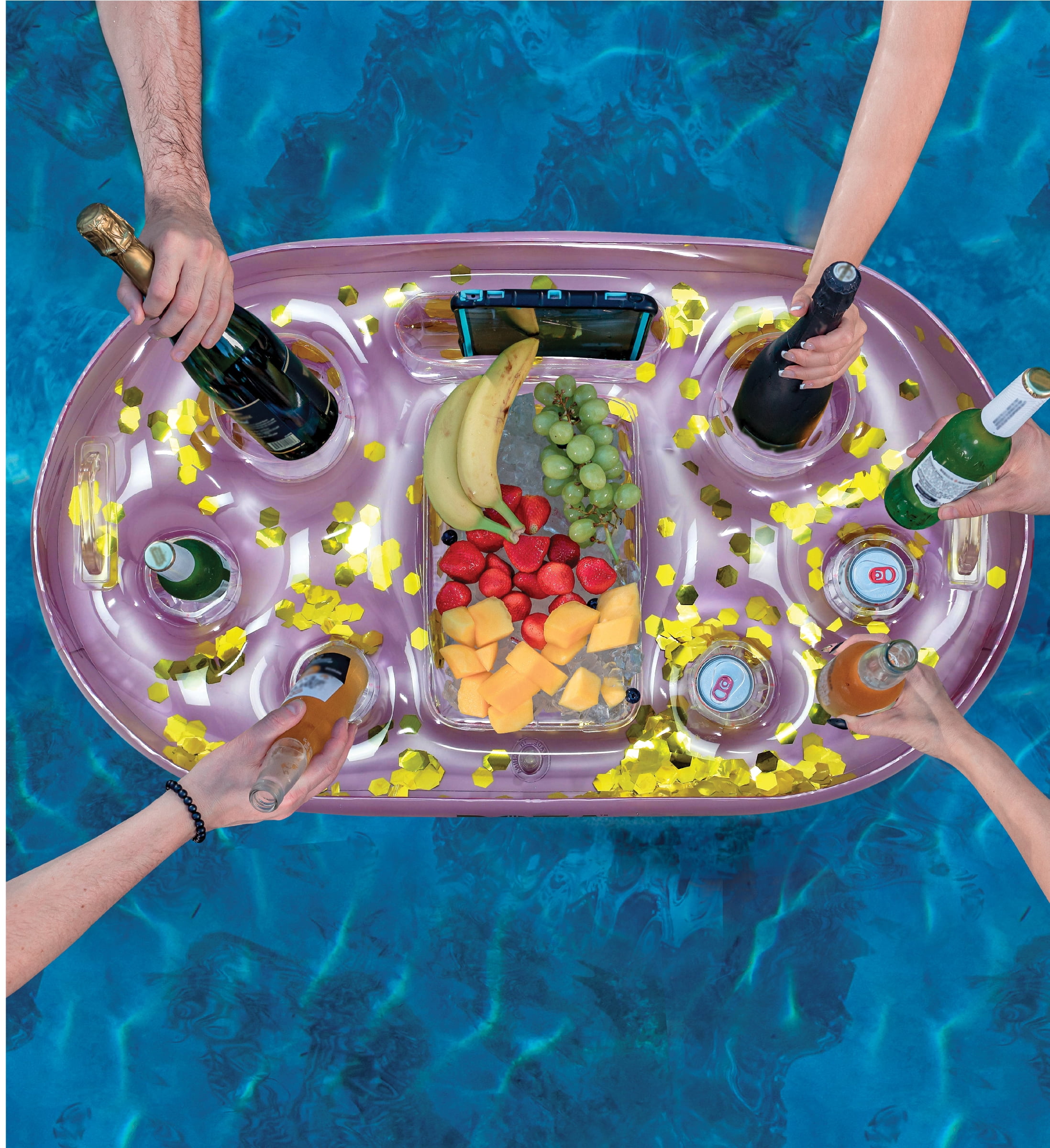 POZA Inflatable Sparkly Confetti Floating Cooler Pool Float, Purple Gold, 39"x23"