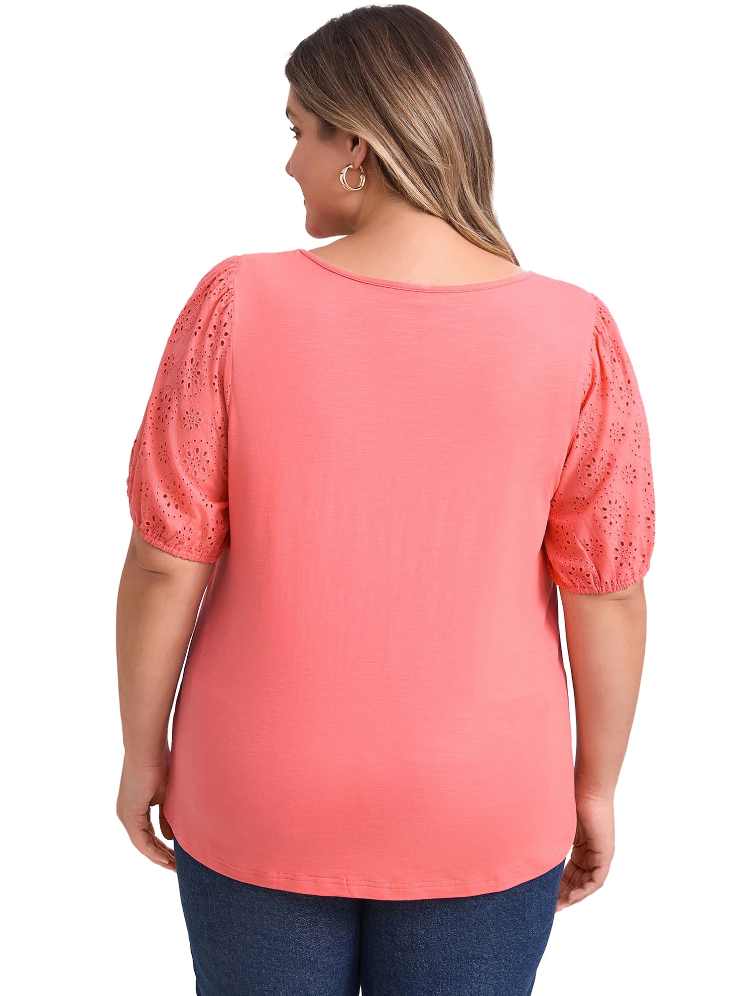 DARING DIVA Women's Plus Crew Neck Embroidered Short Sleeve Blouse 4X Coral Red