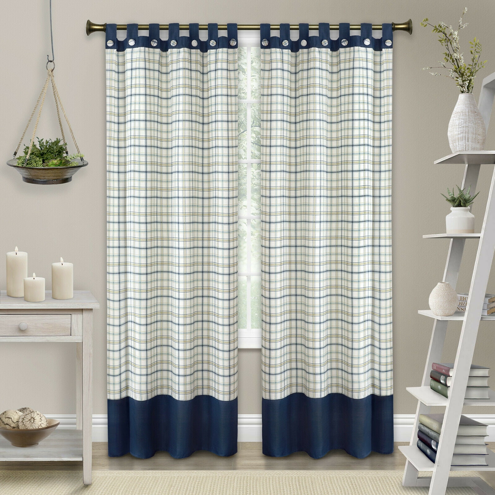 2 Pack Shabby Farmhouse Plaid Tab Top Tattersall Window Curtains