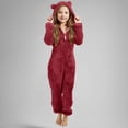 thumbnail image 3 of GiLiling Kids Footed Fuzzy Hooded Onesie Jumpsuit Footie Covers Soft Warm One Piece Zip Front Sherpa Lined Soft Cute Romper (Wine, 14-15 Years), 3 of 6