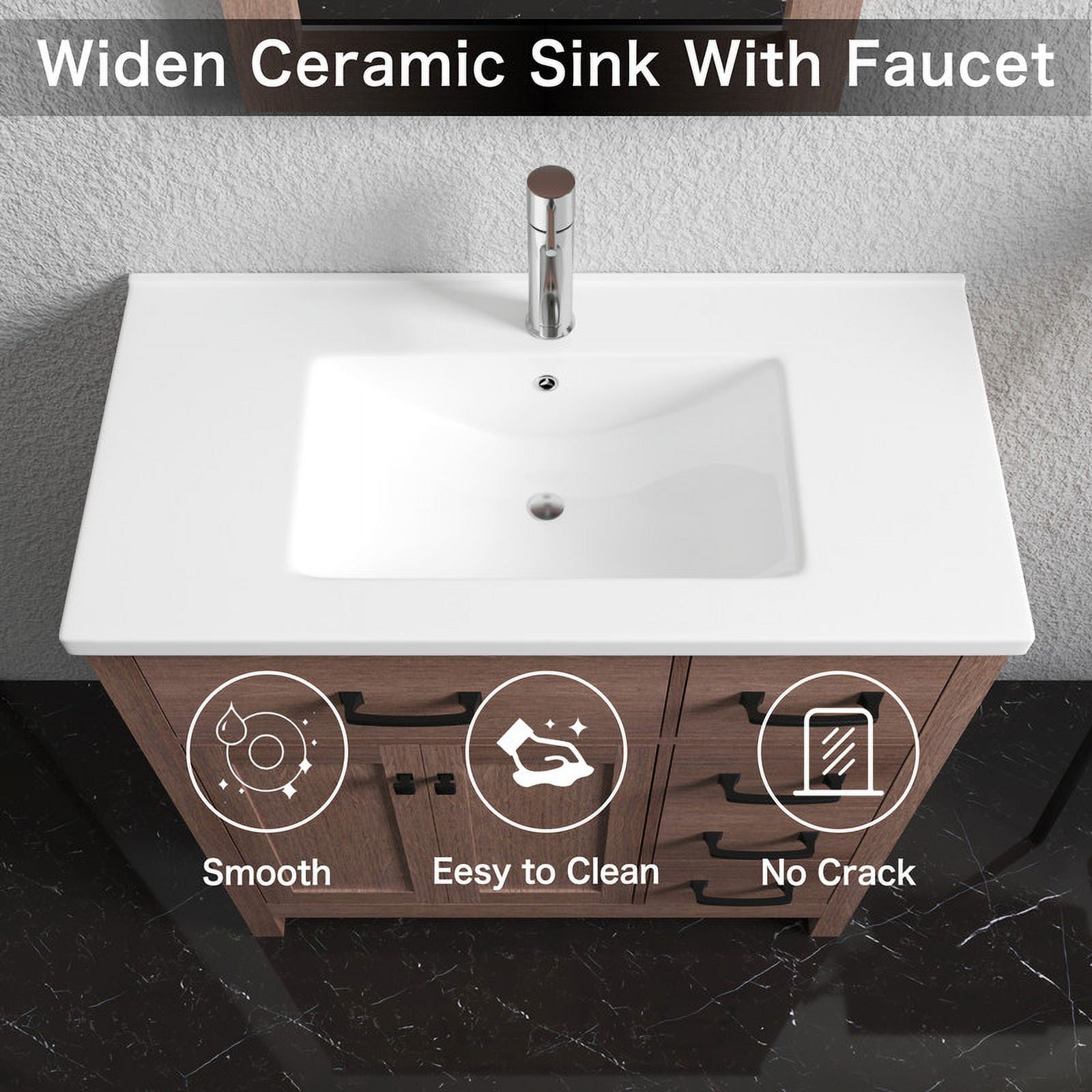 Wonline 36" Luxurious Bathroom Vanity Cabinet with Sink Combo Set，Undermount Ceramic Sink w/Thickened Wood,Faucet,Mirror,Brown