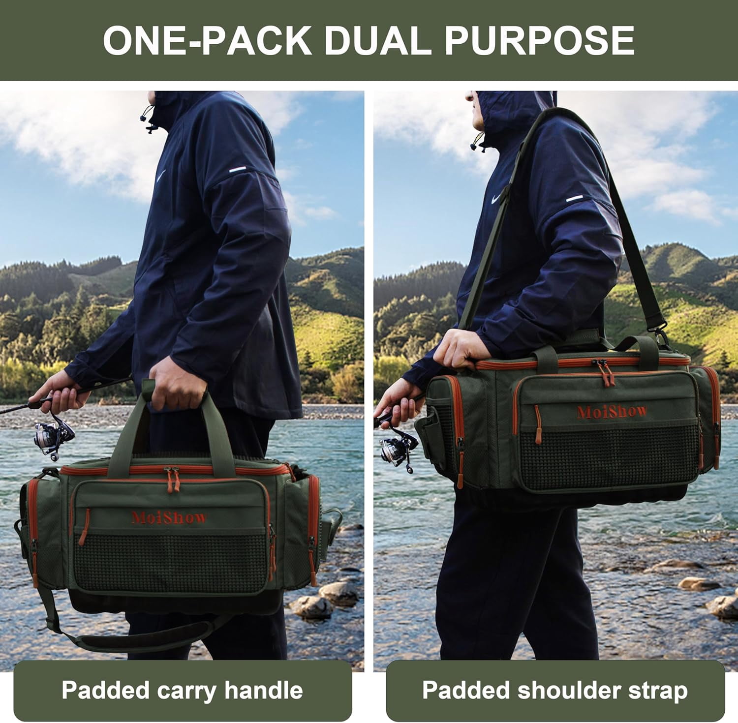 MoiShow Fishing Tackle Box Bag Large Storage for Saltwater Freshwater with Waterproof Bottom and Padded Strap