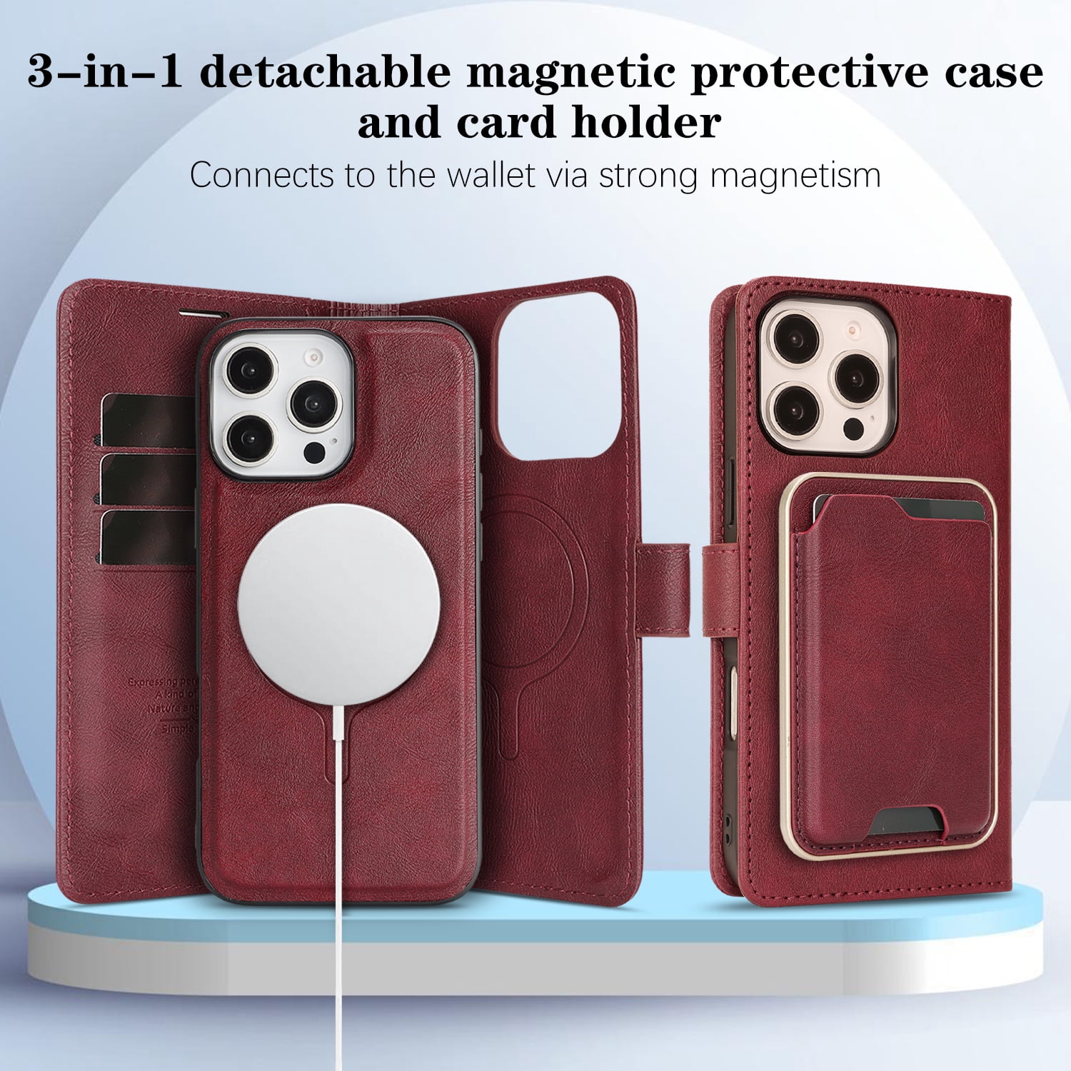 TECH CIRCLE 3-in-1 Phone Case for iPhone 15 Pro Max (2023 Release, 6.7"), Magnetic Flip Wallet Case with Detachable Magnetic Back Cover and Card Holder, Compatible with MagSafe Accessory, Red