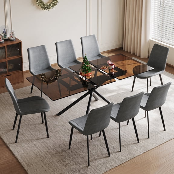 TimberFlare 59″ Expandable Dining Table Set with 8 Gray Ergonomic Chairs — 9-Piece Modern Dining Set with Black Sandblasted Glass Top & X-Base for 4–8 Seaters, Kitchen & Apartment