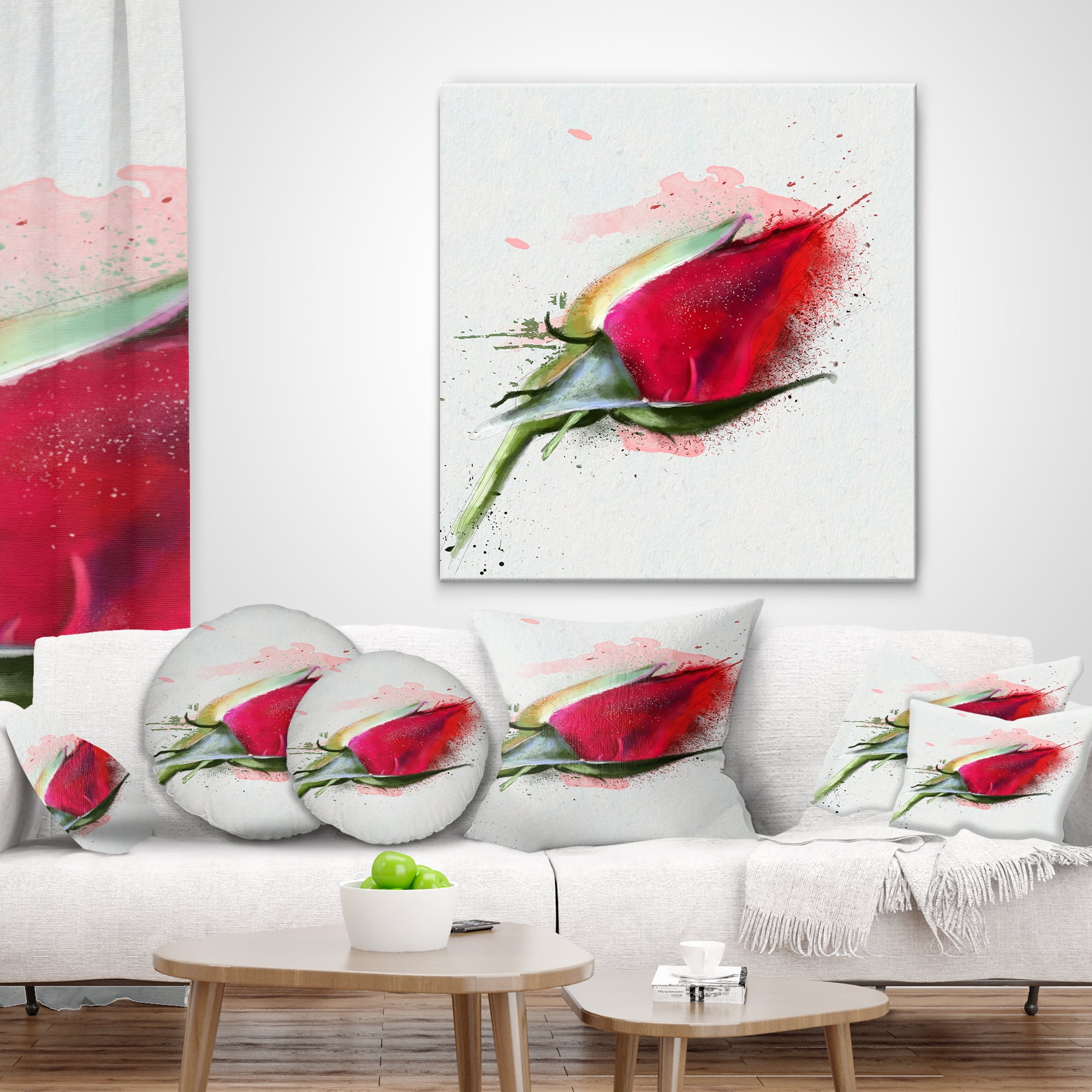 Designart Red Rose Bud Watercolor Sketch - Flowers Throw Pillowwork - 12x20