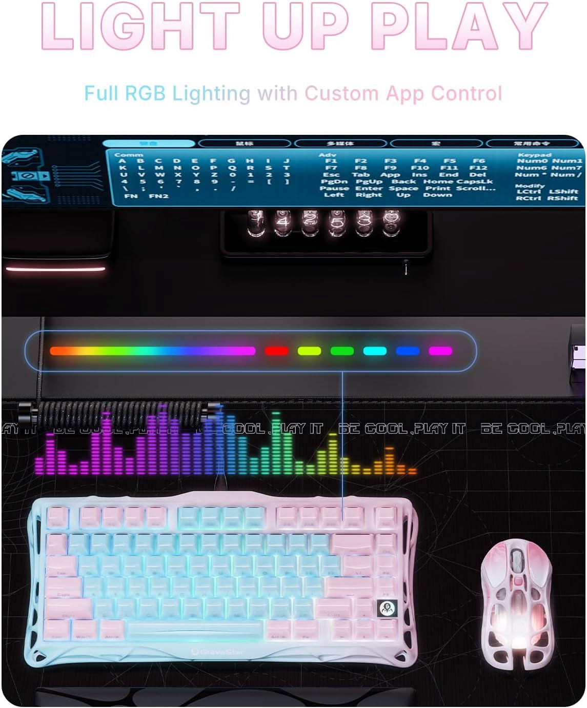 GravaStar Mercury K1 Lite 75% Gaming Keyboard, 2.4GHz/BT/Wired Tri-Mode Wireless Keyboard, Gasket Hot Swappable Mechanical Keyboard, Pre-lubed Linear Switches, Jelly Keycaps, RGB Backlit-Aurora Mist