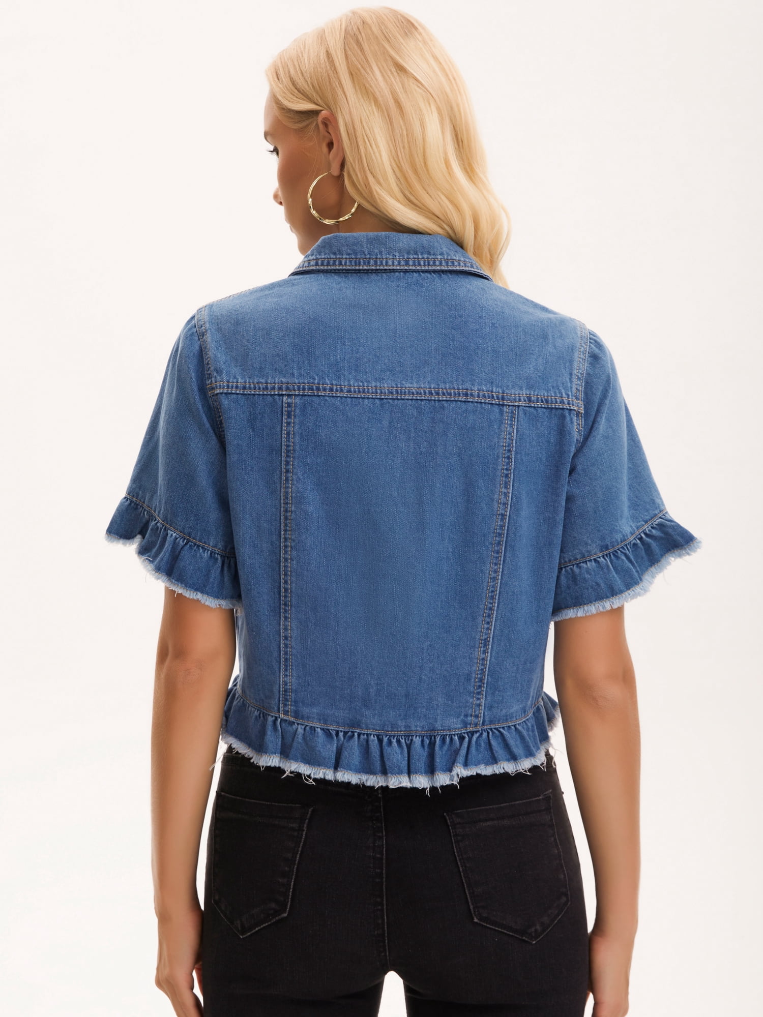 DARING DIVA Women's Short Sleeve Button Down Lightweight Ruffle Jean Jacket L Blue