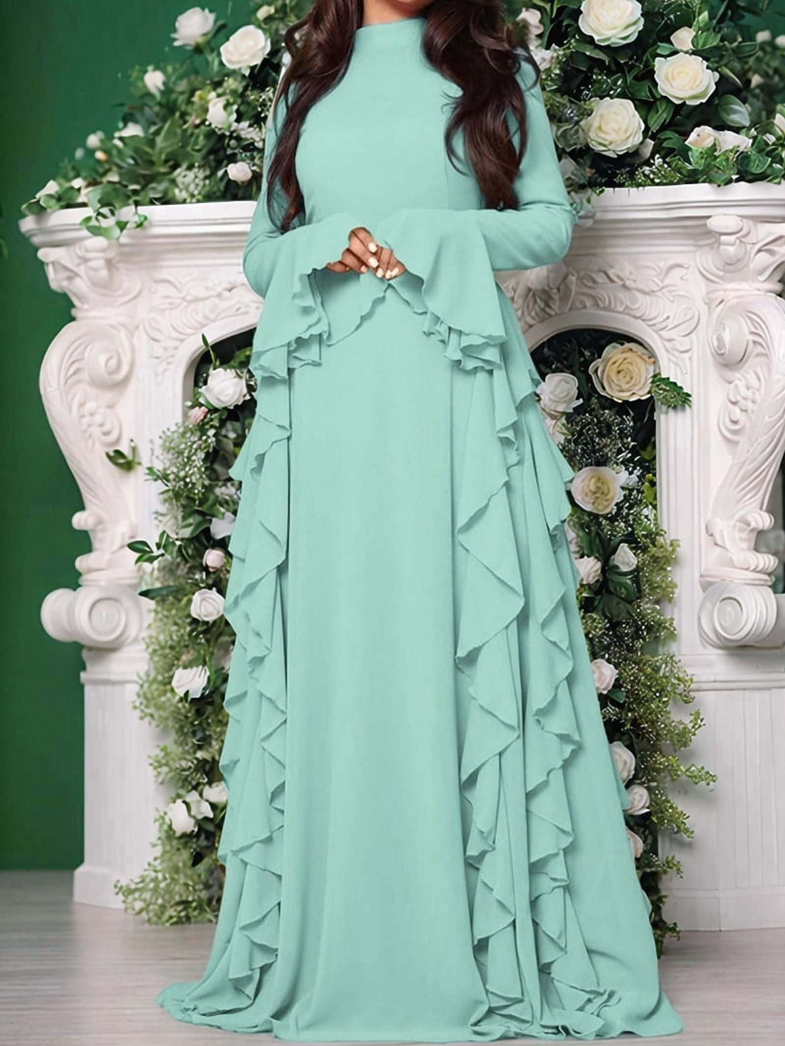 Women'S Bodycon Dresses Elegant Bell Sleeve Ruffle Hem Cocktail Party Long Dress Green M