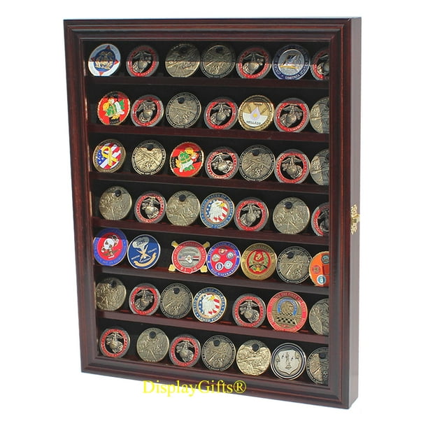 Military Challenge Coin Casino Poker Chip Display Case Shadow Box Wood Finish