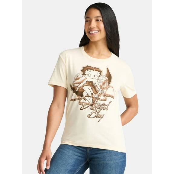 Betty Boop Women’s Angel Graphic Tee with Short Sleeves, Sizes XXS-2XL