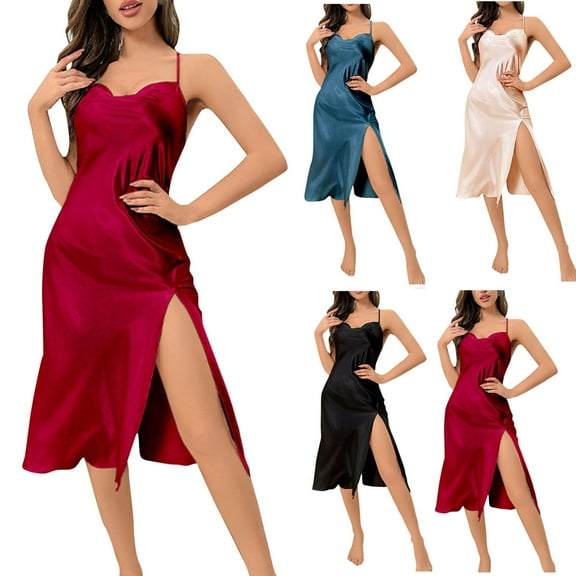 Aboser Womens Chemise Nightgowns Elegant Satin Silk Sleepdress High Split Long Nightshirts Skinny Spaghetti Strap Loungewear Cozy Soft V Neck Pajama Dress