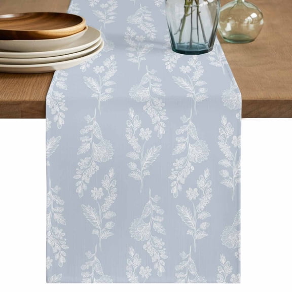 Light Blue Botanical Table Runner, Pastoral Elegant Spring Floral Washable Cotton Linen Table Runners 72 Inches Long, Dresser Scarf Runner for Dining/Coffee/Kitchen/TV Stands/Cabinets 13''x72''
