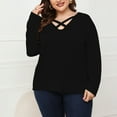 thumbnail image 2 of Plus Size Tops for Women Trendy Cross V Neck Long Sleeve T Shirts Solid Casual Loose Comfy Ladies Fall Blouse Tees Black, 2 of 6