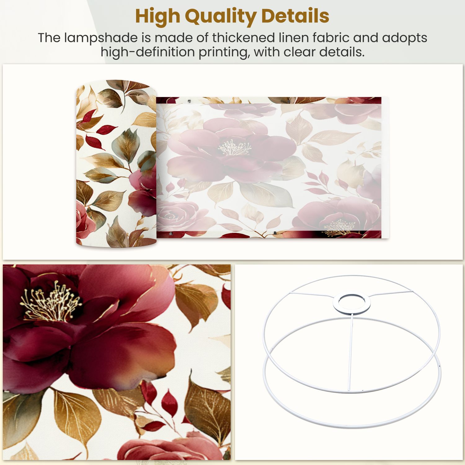 Lampshades 2 Pack gold burgundy flowers leaves Hand drawn floral for fabric 13"x13"x10" Light Shade for Table Lamps Floor Lamps Drum Lamp Shades Lampshade Replacement Easy Assembly
