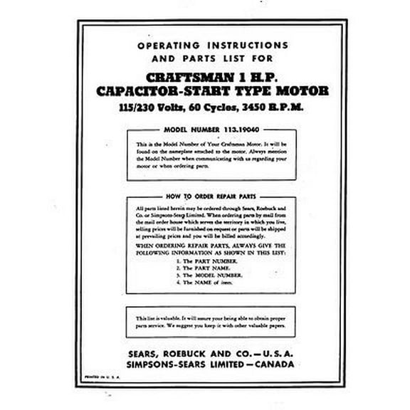 Craftsman 113.19040 1 HP 3450 RPM Capacitor Start Motor Instructions REPRINT