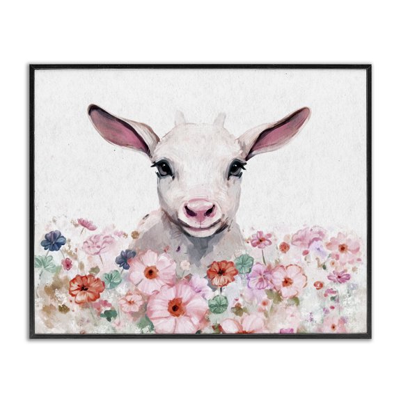 Stupell Industries Cottage Baby Sheep & Pink Flowers Black Framed Giclee Art, 14 x 11, by Ziwei Li