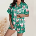 thumbnail image 4 of Women's Pajama Set Cute Heart Rabbit Short Sleeve Button-Up Shirt Pajama Shorts Set Dark Green XL, 4 of 5