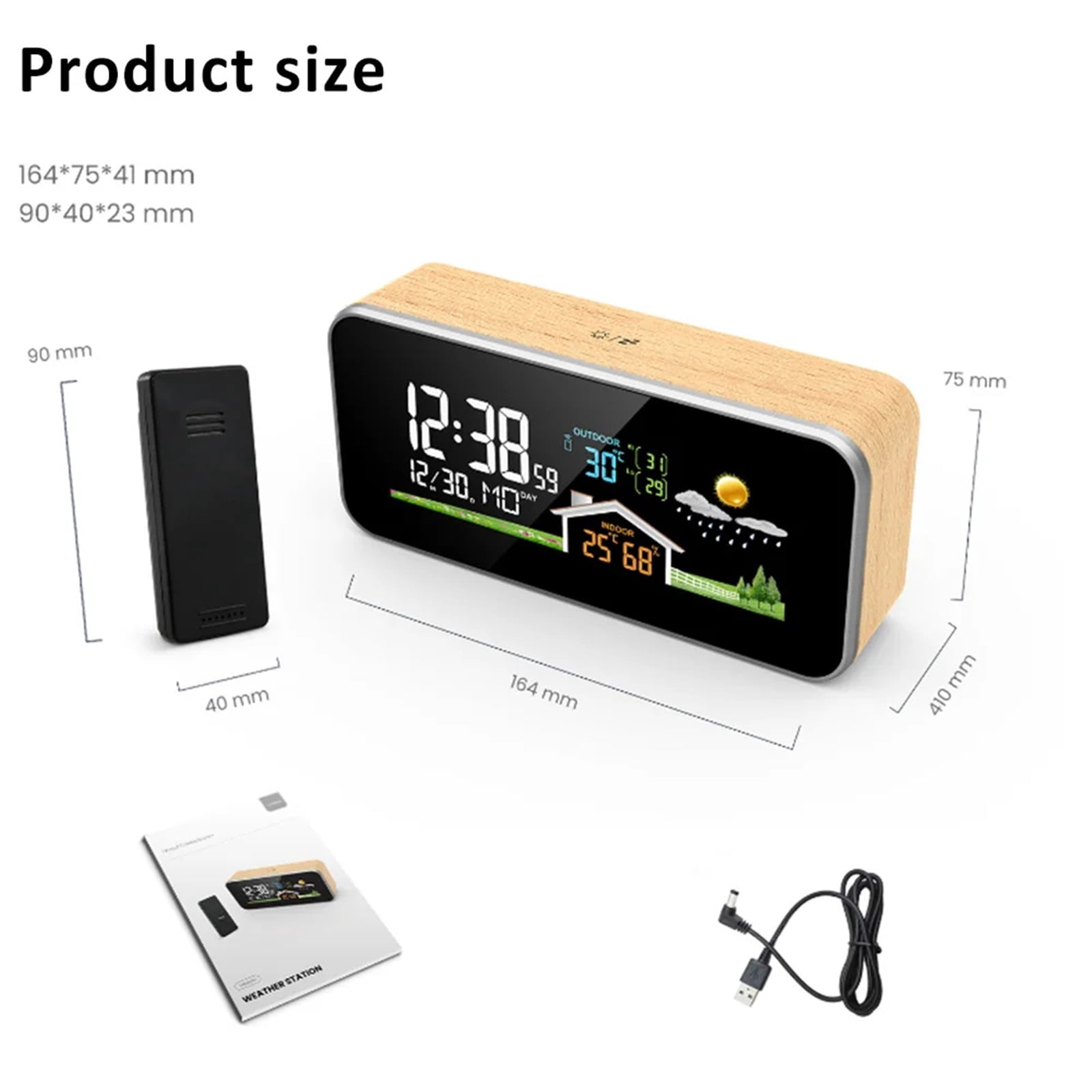 Wireless Weather Station Wooden Alarm Clock Digital Thermometer Humidity Temperature Wireless Sensor Home Desktop Time Watch
