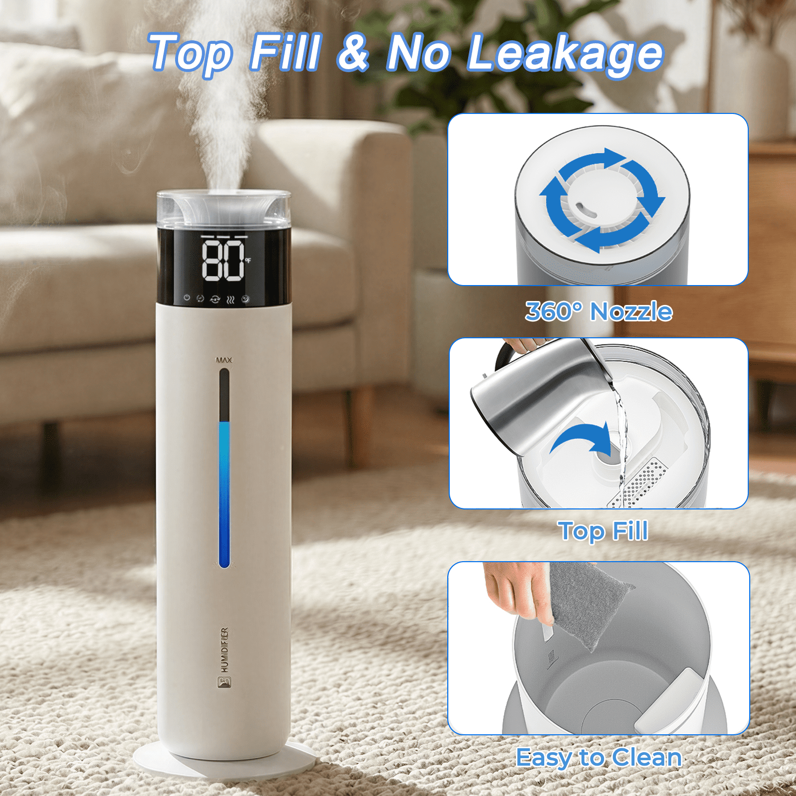 Rocyis 10L/2.6Gal Top Fill Cool Mist Humidifiers for Large Room up to 600 sq ft, 100H Runtime, Ultra Quiet 30dB, Auto Humidity Control, Essential Oil Tray, for Bedroom Office, White