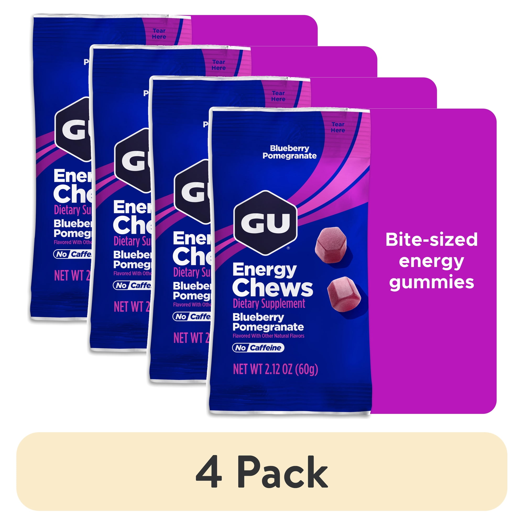 (4 pack) GU Energy Chews, Blueberry Pomegranate - 1 Bag (2 Servings Total)