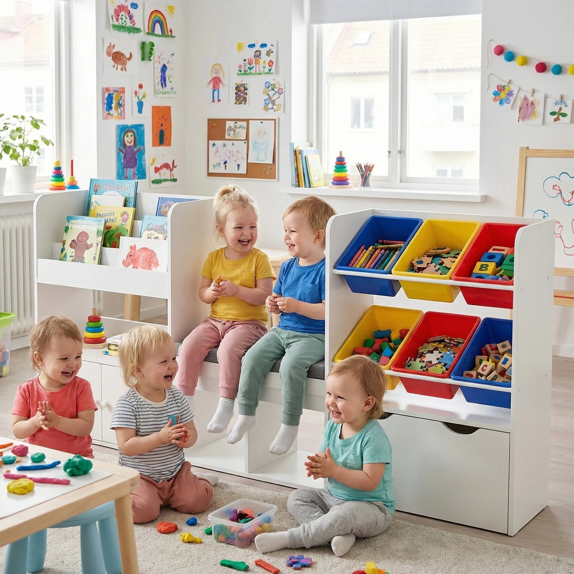 Reasea Kids Bookshelf with Reading Nook & Storage Bench, 73 Inch Toy Organizer with Movable Drawer & 6 Removable Bins, Montessori Reading Corner Furniture(Colorful Toy Bins)