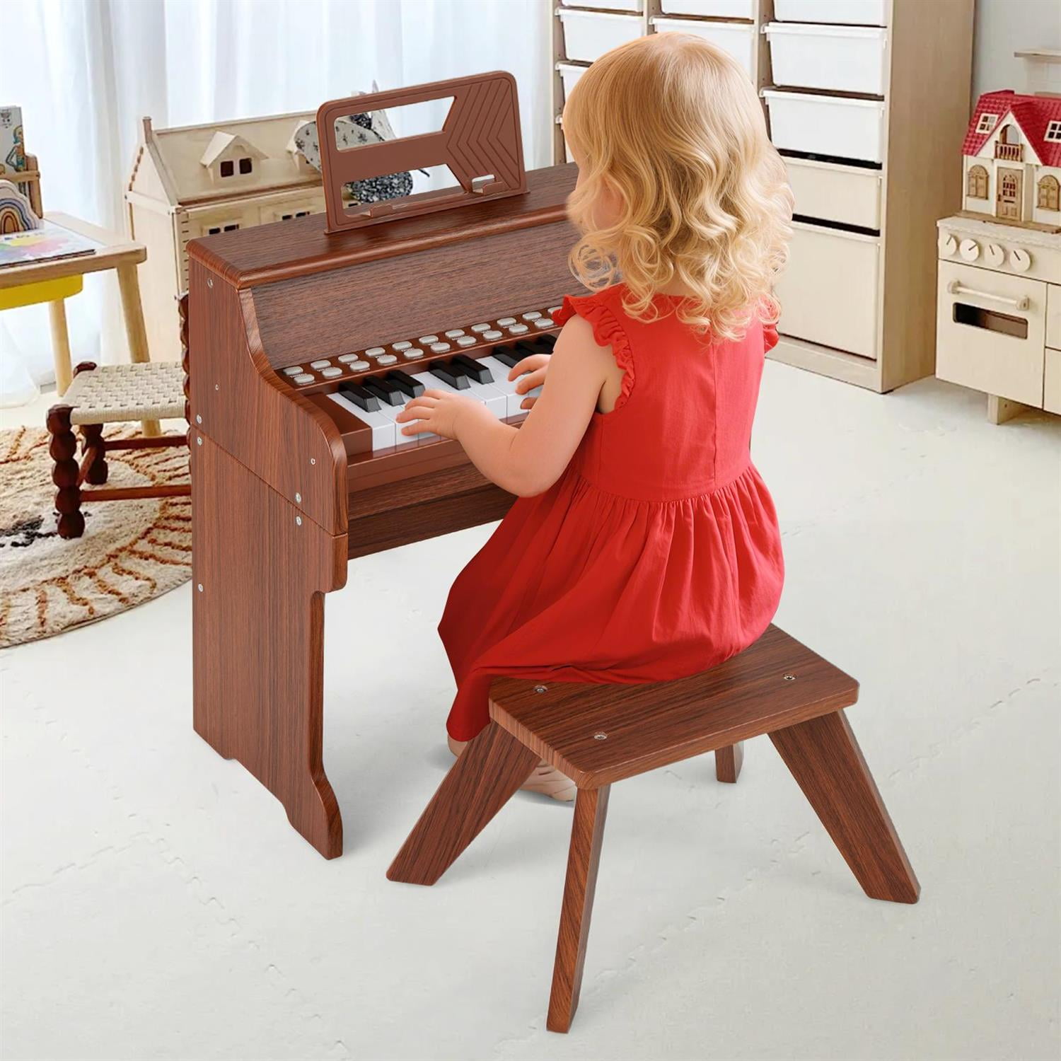 Demi Bonn Brown 25-Key Piano with Stool, Music Enlightenment, Adjustable Speed & Volume, Record/Playback