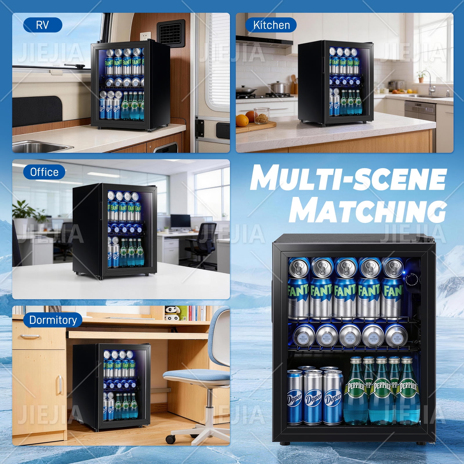 JIEJIA 90 Can Mini Fridge and 2.8 Cu.ft Beverage Cooler Refrigerator with Glass Door for Home, Office