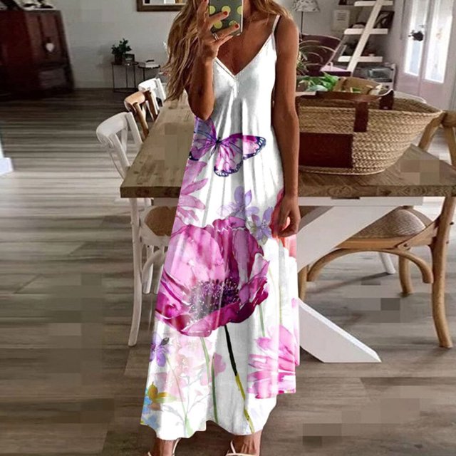 ICHUANYI Clearance Women's Summer Fashion Printed V-Neck Sleeveless Suspenders Pullover Dress(Red, XL) ICHUANYI WER2023080907169