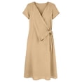 thumbnail image 5 of Pounoo Women's Dresses V Neck Short Sleeve Wrap Linen Blend Midi Dress With Waist Tie Casual Beach Wear Lightweight Breathable Loose Fit Vacation Sundresses Gift, 5 of 7