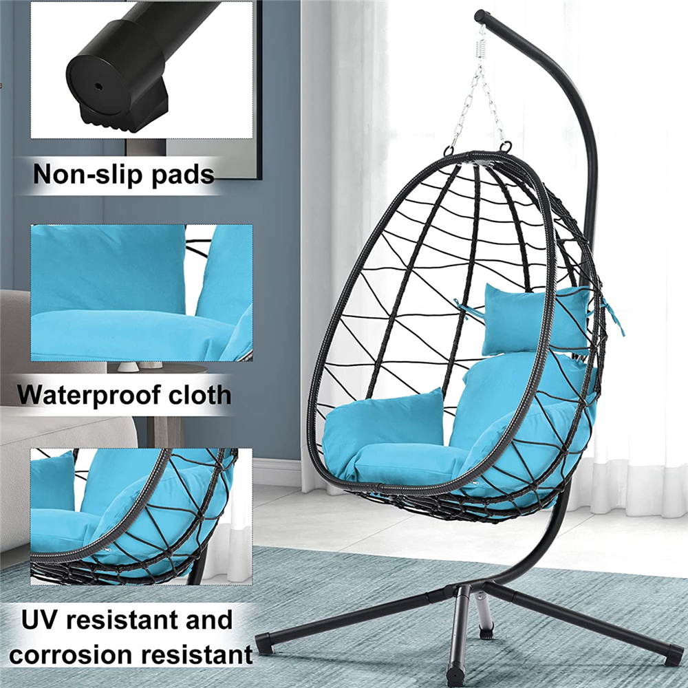 Clearance! Hanging Wicker Egg Chair, Outdoor Patio Hanging Chairs with Stand, UV Resistant Hammock Chair with Comfortable Light Blue Cushion, Durable Indoor Swing Egg Chair for Garden, Backyard, L3938 - image 4 of 10