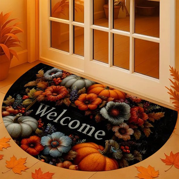 Alfombras de baño, alfombras para sala de estar, alfombra de área, alfombra de baño de terciopelo con diseño de calabaza de Acción de Gracias, alfombra de piso semicircular para puerta de entrada, alf