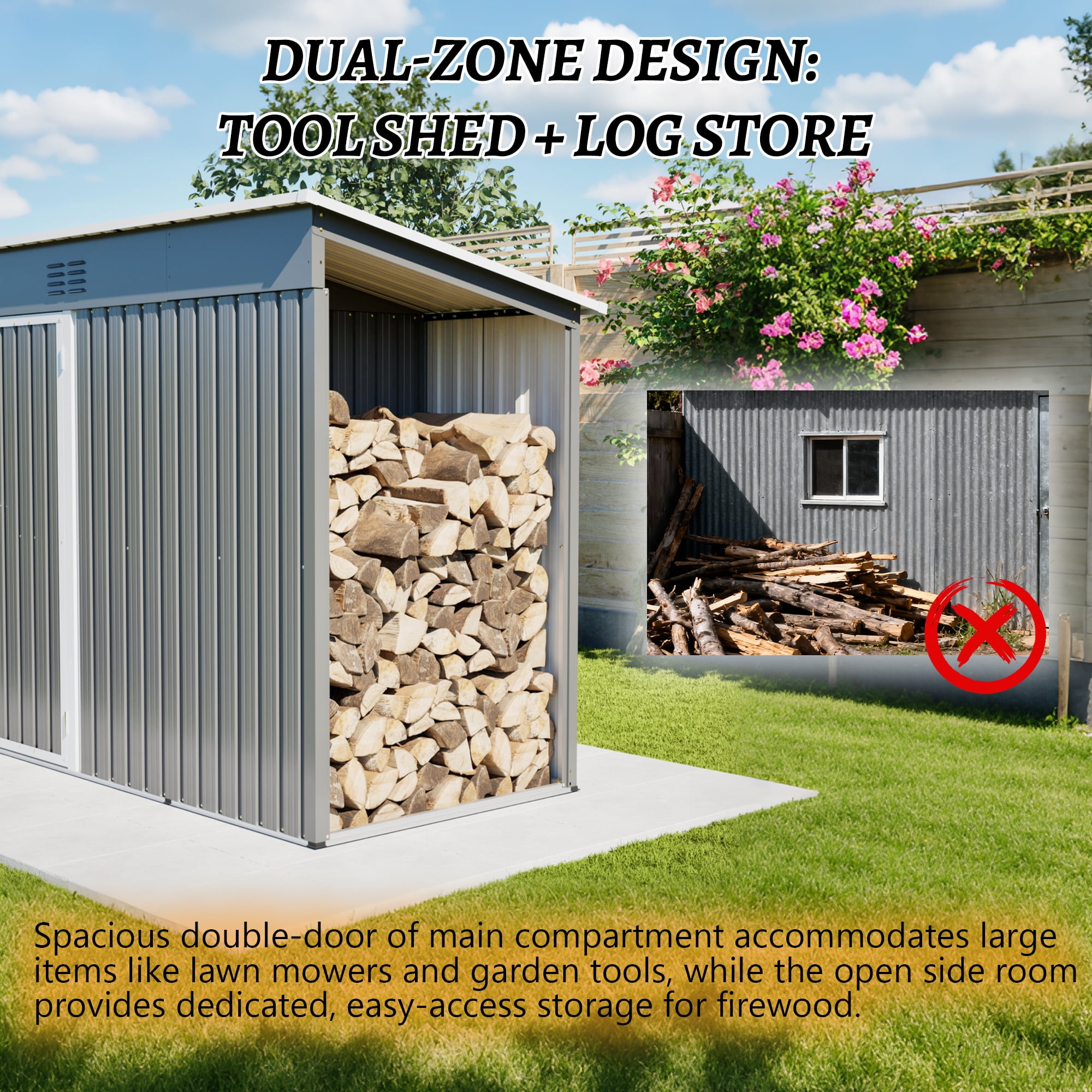10x4 FT Metal Storage Shed with Open Firewood Bay, Floor Frame, Vents, Outdoor Tool/Garden Shed, Dark Gray