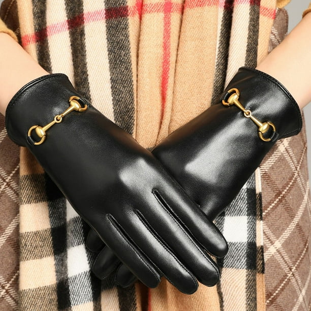 Guantes de cuero genuino para mujer, cálidos, de invierno, con forro polar, gruesos, para pantalla táctil, para conducir y montar, de moda, guantes de piel de oveja recortados a mano