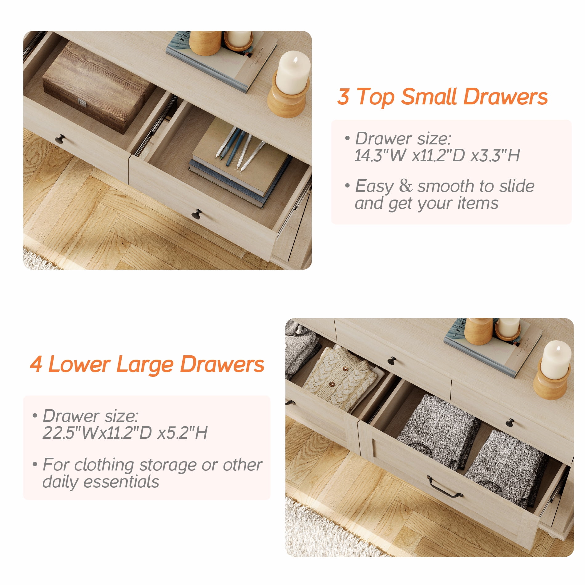 Farmhouse Dresser with 7 Drawers, Wooden Kids Dresser for Kids Room Living Room, Light Oak