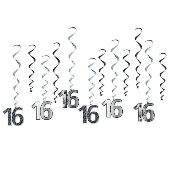 Beistle 72-Pieces Silver and Black Number 16 Design Party Hanging Whirls 26"