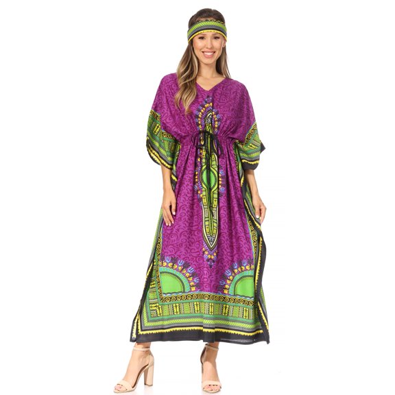 Sakkas Mera Women's Long Loose Short Sleeve Summer Casual Caftan Kaftan Dress - KAF1023-Purple - One Size