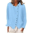 thumbnail image 2 of RXIRUCGD Chemise à Manches Longues en Coton et Lin pour Femmes, Couleur Unie, Col Rond, Bleu, Taille : L, 2 of 6