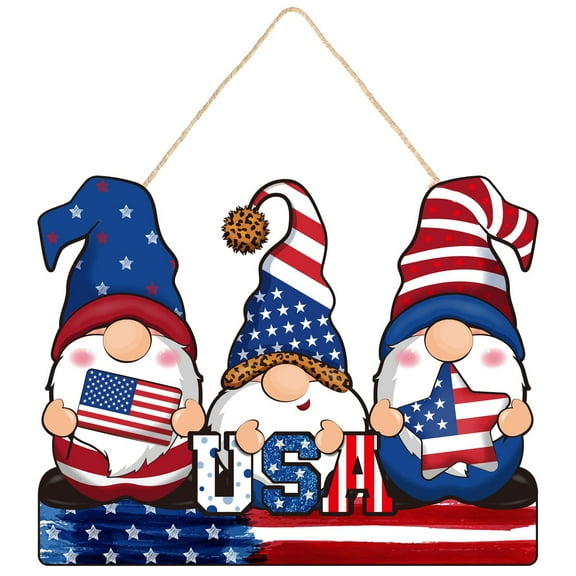 MYFLOCY 4th of July Patriotic Front Door Hanger Sign Decoration Americana Memorial Day Wreath Home Decor(Gnome)