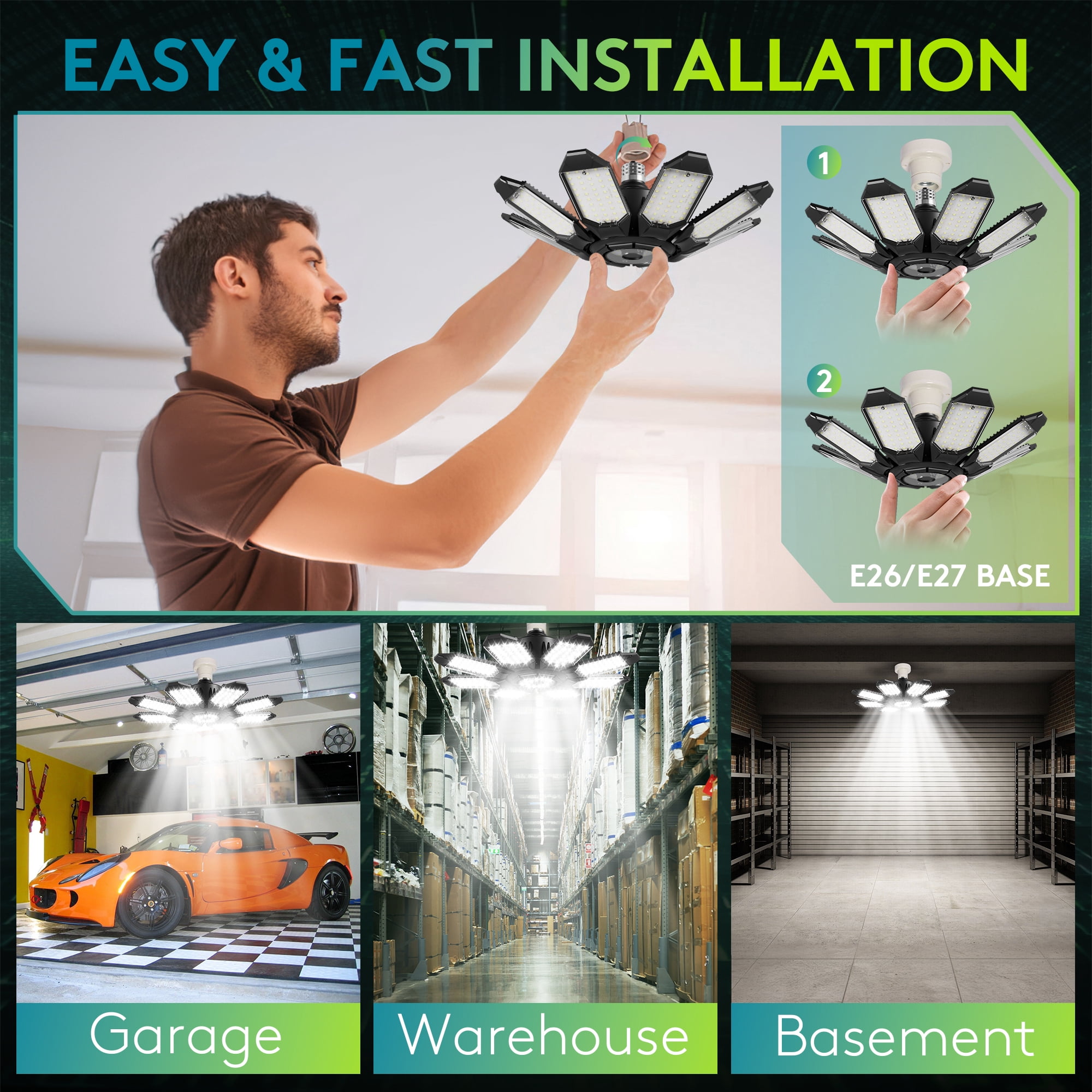SUNBEAK LED Garage Light with 8+1 Deformable Panels 2 Pack,6500K LED Shop Lights,Warehouse Ceiling Light Bulb,E26/E27 for Basement,Workshop