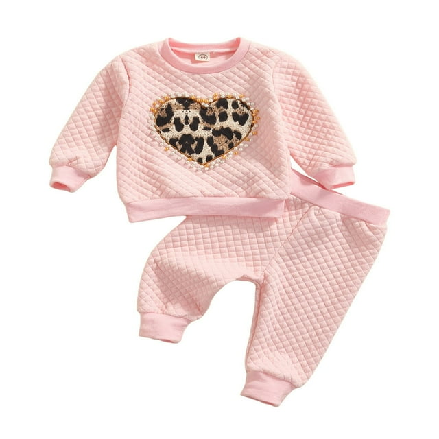 Toddler Girl Fall Clothes Long Sleeve Leopard Print Heart Pattern Pullover Tops and Pants Set Kid 2Pcs Outfit
