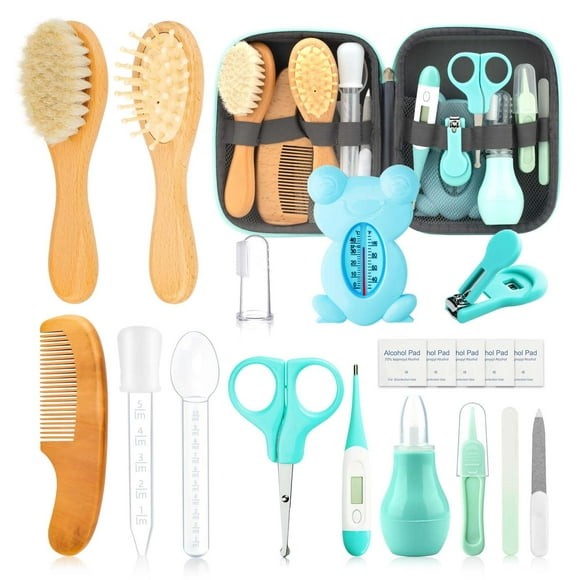 Baby Grooming Kit, Infant Safety Care Set with Hair Brush Comb Nail Clipper Nasal Aspirator Ear Cleaner,Baby Essentials Kit for Newborn Girls Boys (19 Pc Green Kit)