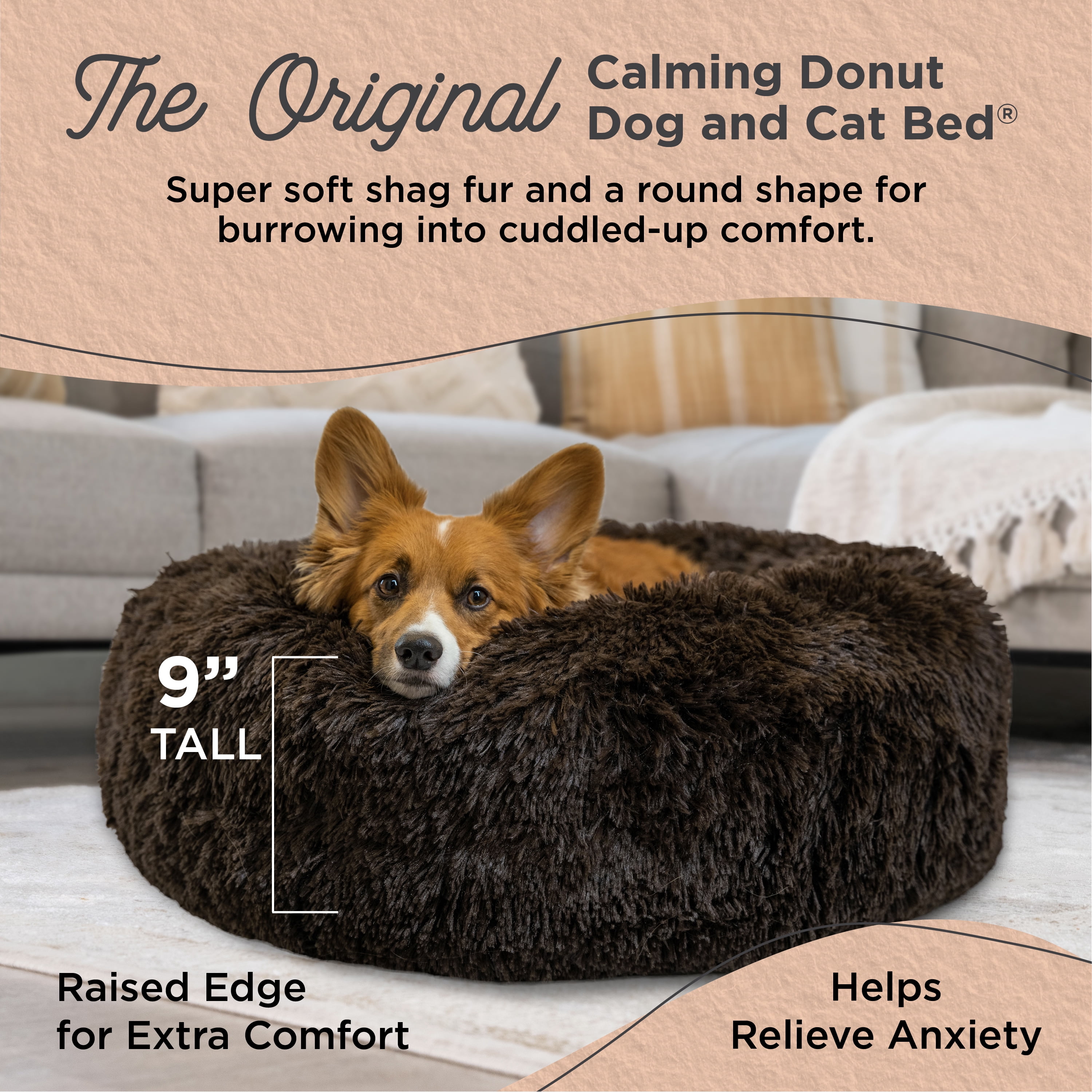 Best Friends by Sheri The Original Calming Donut Dog and Cat Bed in Shag Fur Dark Brown, Medium 30x30"