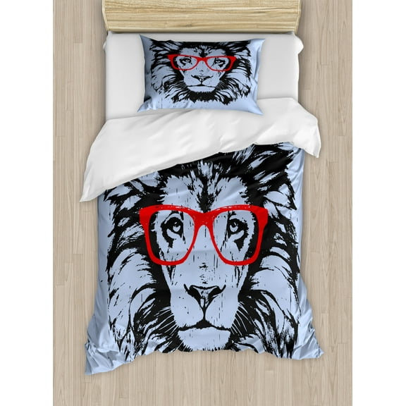 Animal Duvet Cover Set, Grunge Lion Portrait with Hipster Glasses Nerd Humor Comic King Illustration, Decorative 2 Piece Bedding Set with 1 Pillow Shams, Twin Size, Blue Black Red, by Ambesonne
