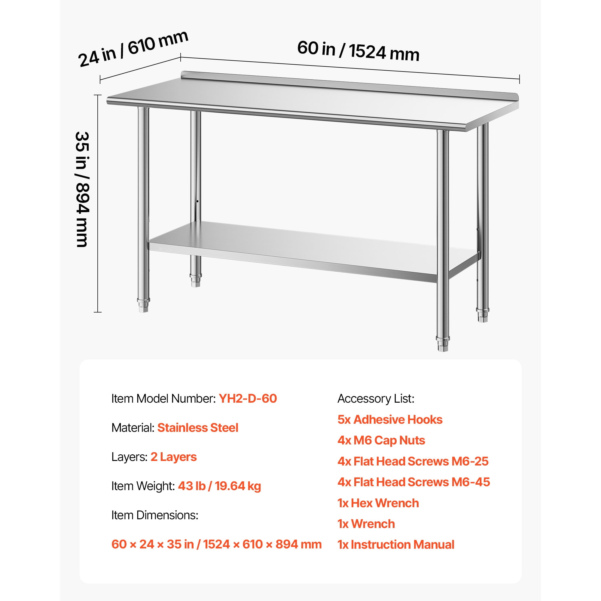 KFFKFF Stainless Steel Work Table, 24x60 Inch Food Prep Station with Backsplash, Commercial Kitchen Table with Adjustable Undershelf, Durable Metal Utility Workstation for Restaurant, or Outdoor Use