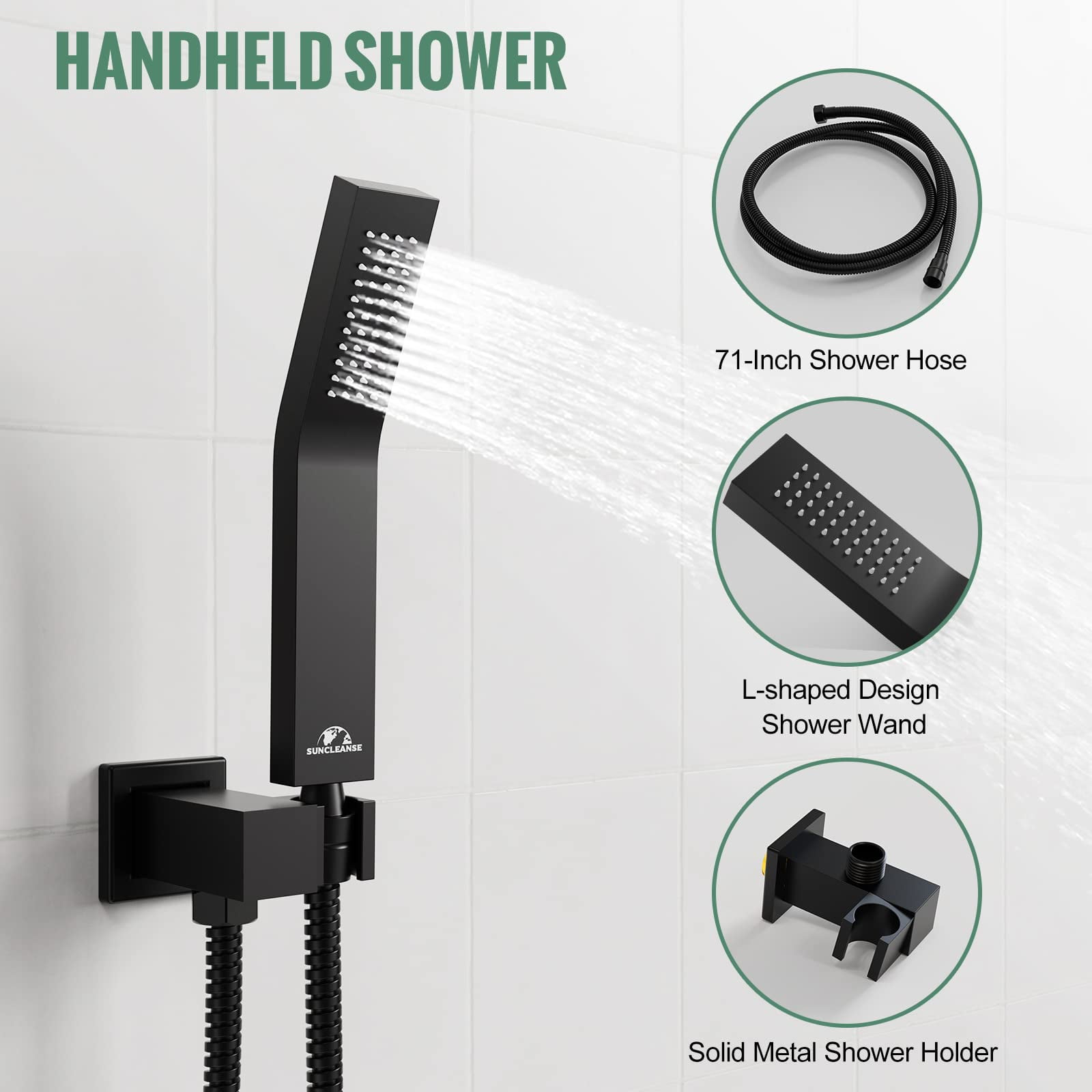 SunCleanse 12 Inches Rainfall Shower System Matte Black Ceiling Mounted Shower System Combo Set with High Pressure Square Rain Shower Head Handheld and Shower Faucet Rough-in Mixer Valve and Trim