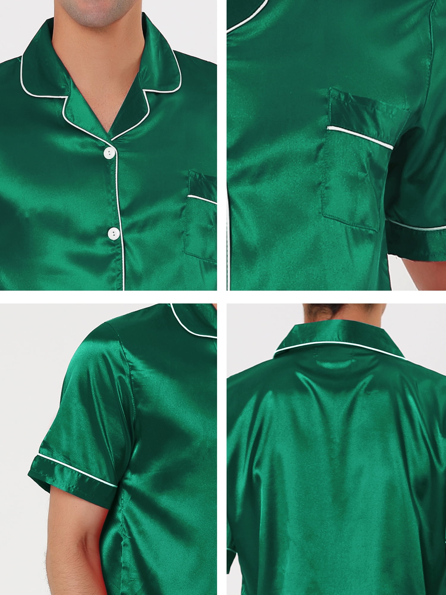 Unique Bargains Men's Sleepwear Short Sleeve Top and Pants Satin Pajama Set L Green