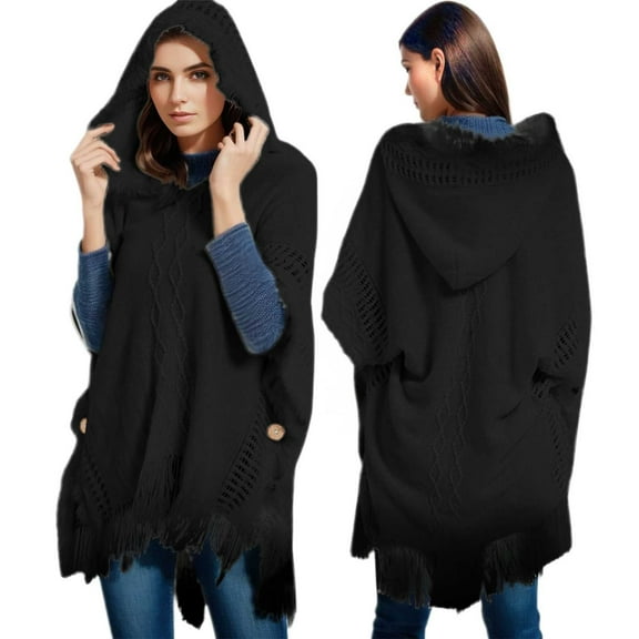 MIASHUI Plus Size Knit Sweater Button Hood Cape Shawl, Scarf for Women, Fashion Scarf for Casual Wear, Warm Scarf Black