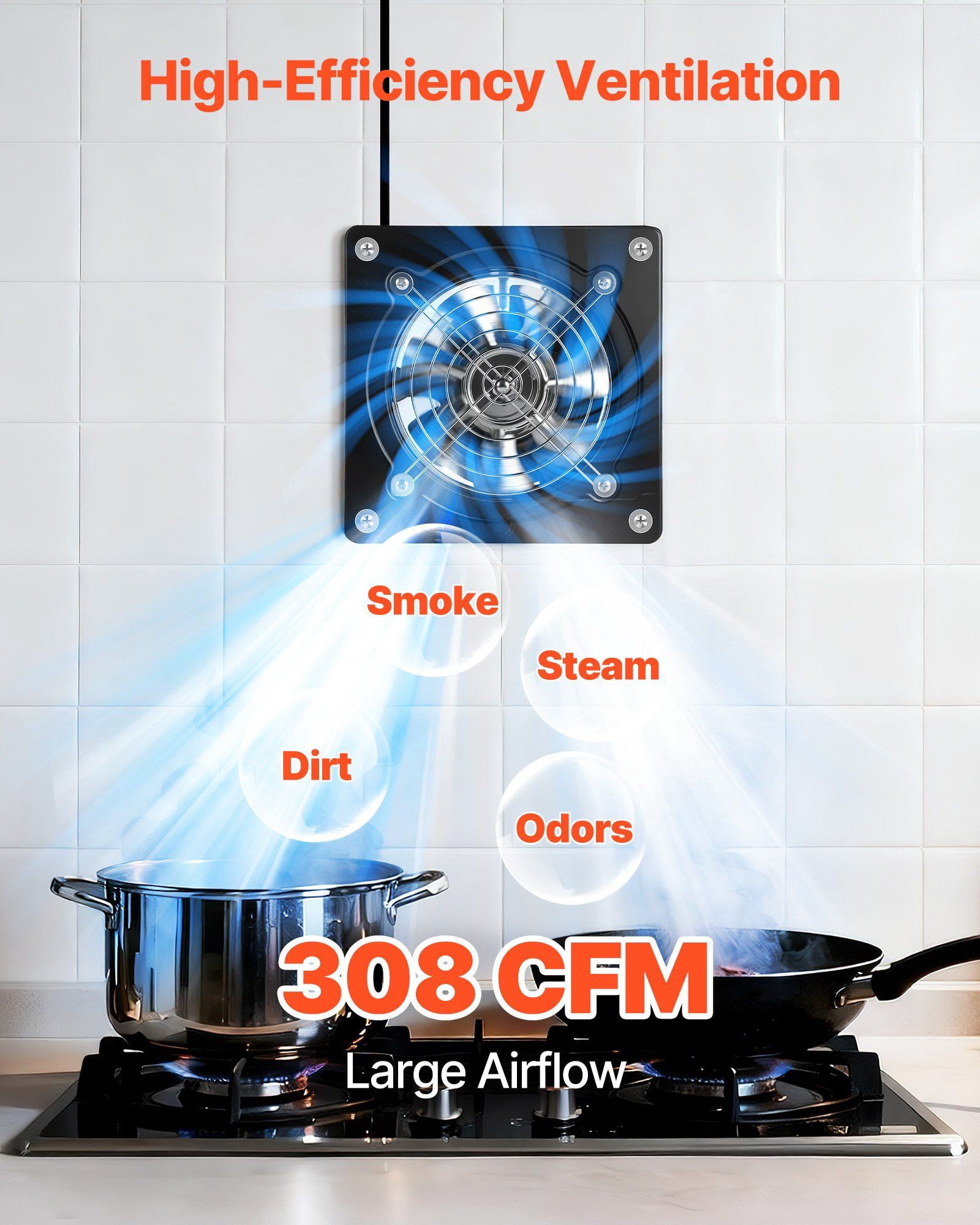 Zaverox 6" Wall Mount Exhaust Fan - 308 CFM, On/Off Control, Low Consumption, Black