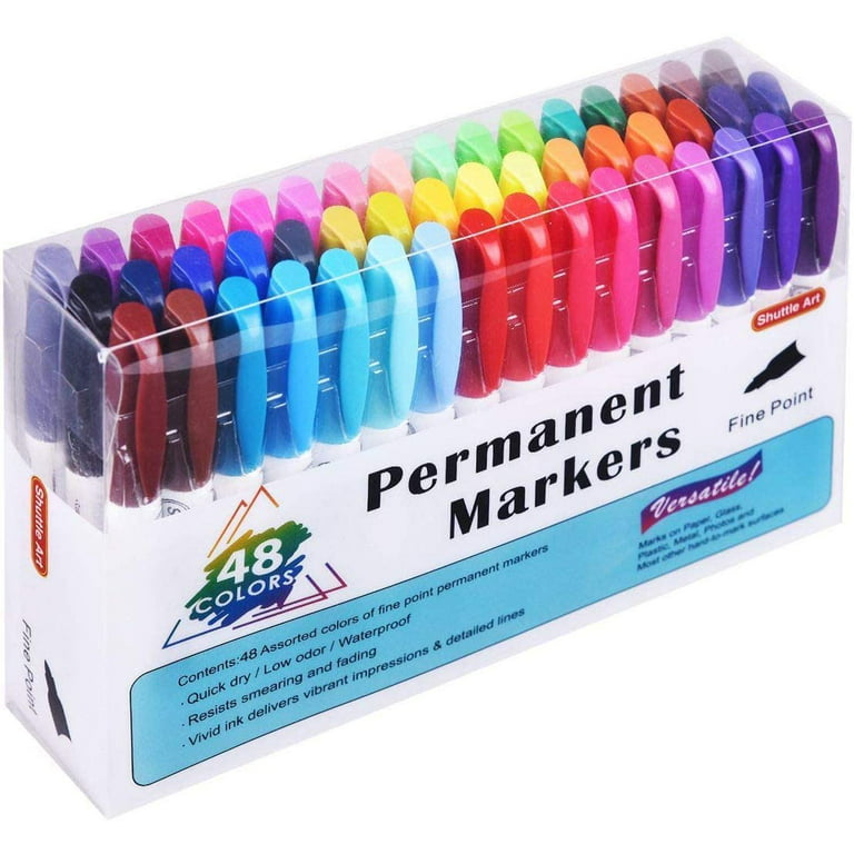 Shuttle Art 48 Colors Permanent Markers, Fine Point, Assorted Colors, Works on Plastic,Wood,Stone,Metal and Glass for Doodling, Coloring, Marking
